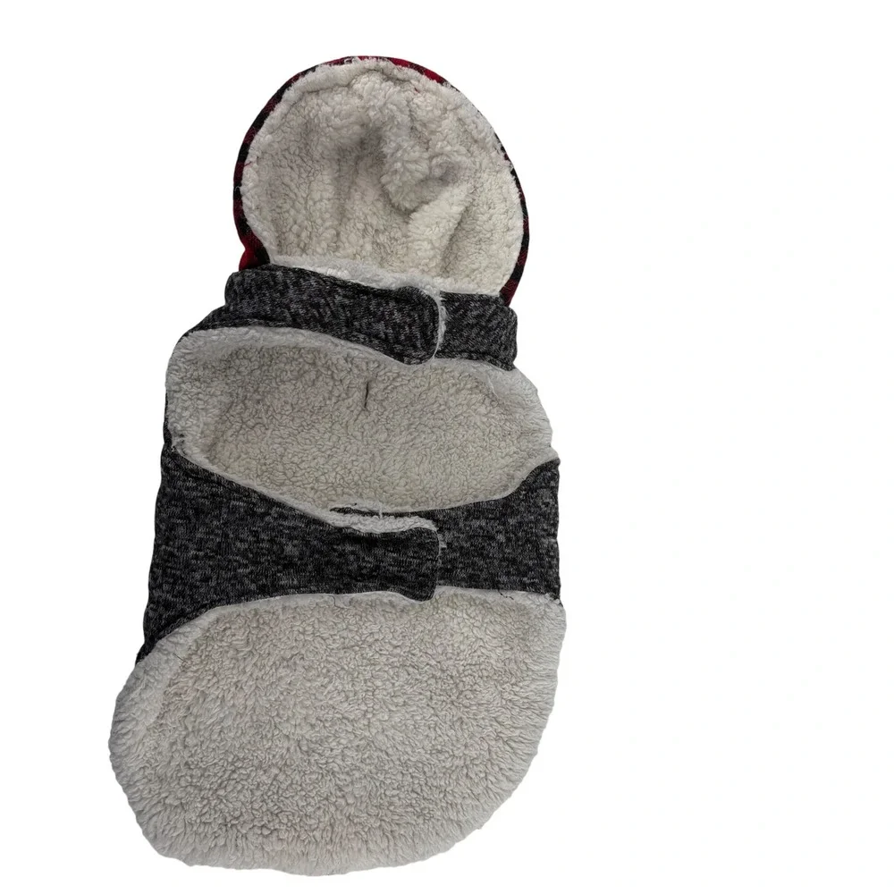 Doodle & Co L Dog Coat Hoodie Buffalo Plaid Bone Gray Red Pet Sherpa Lined‎